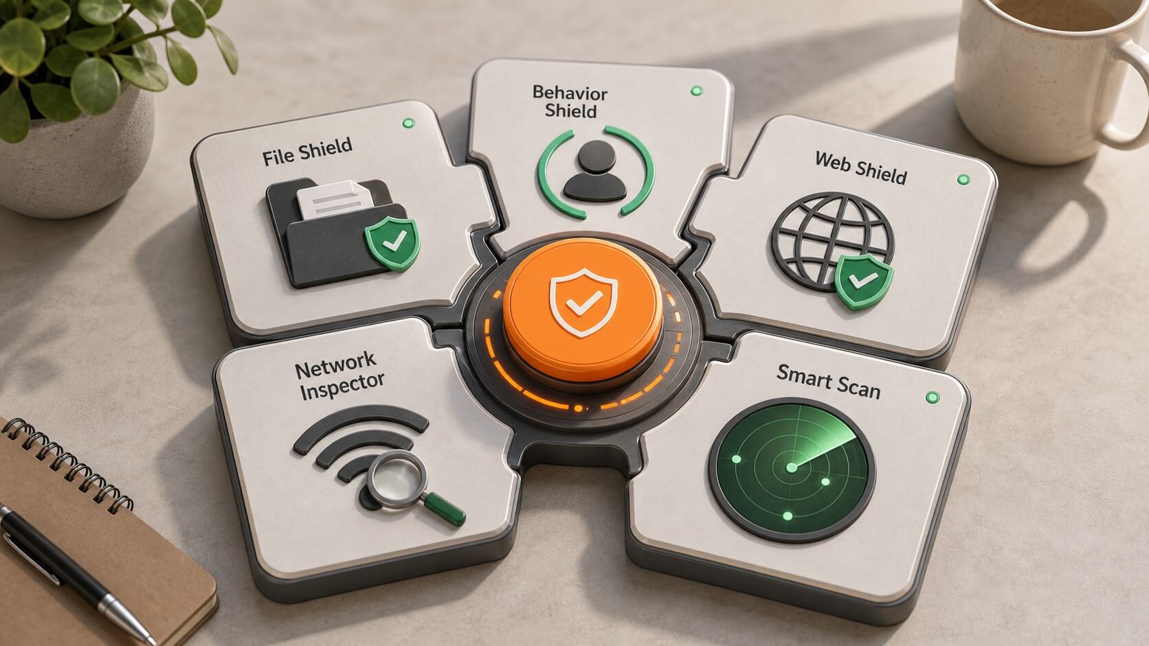 Modular security toolkit showing File Shield, Behavior Shield, Web Shield, Network Inspector, and Smart Scan