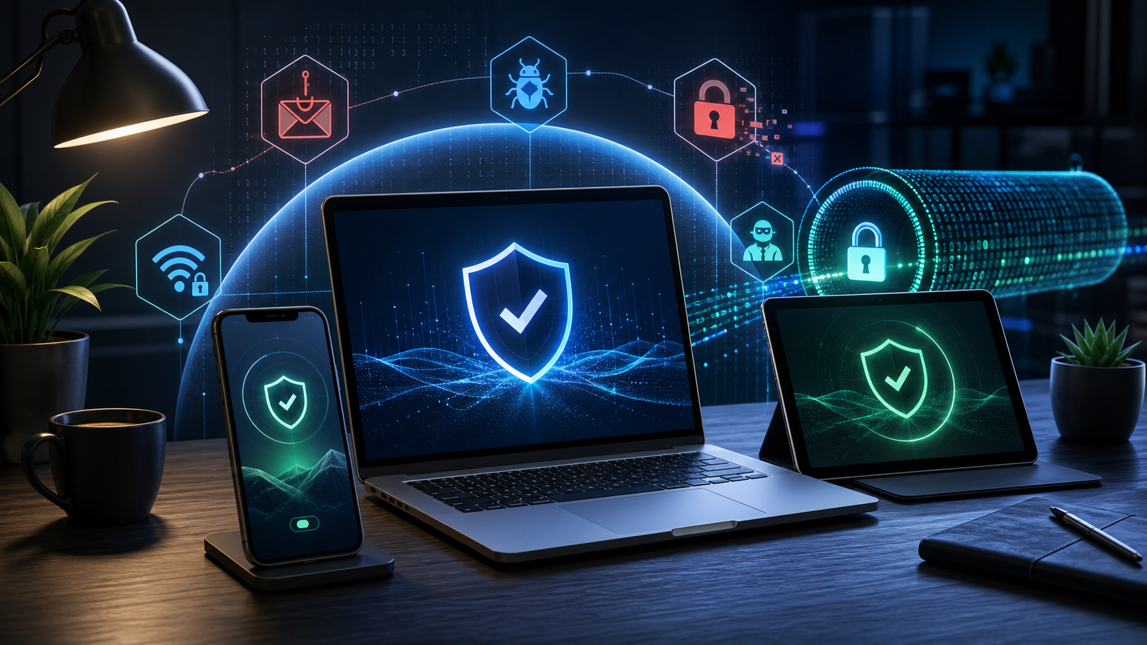 Illustration of laptop, phone, and tablet protected by layered antivirus, anti-phishing, ransomware, and VPN security controls