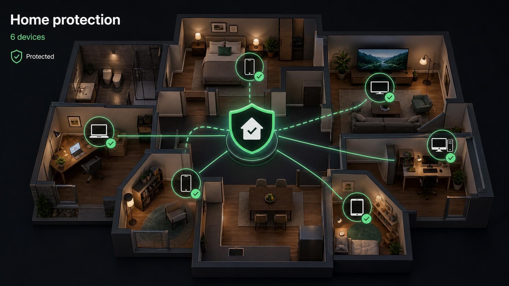 Isometric illustration of laptops, phones, tablets, and a television protected throughout a family home