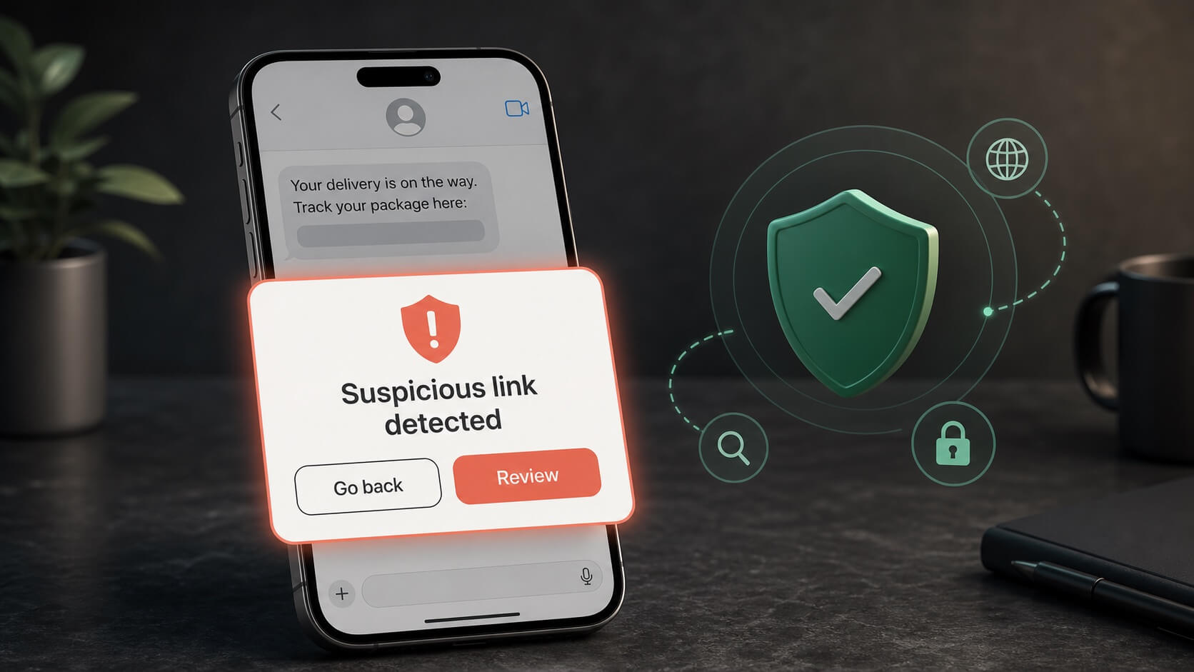 Illustration of a phone warning that a delivery message contains a suspicious link