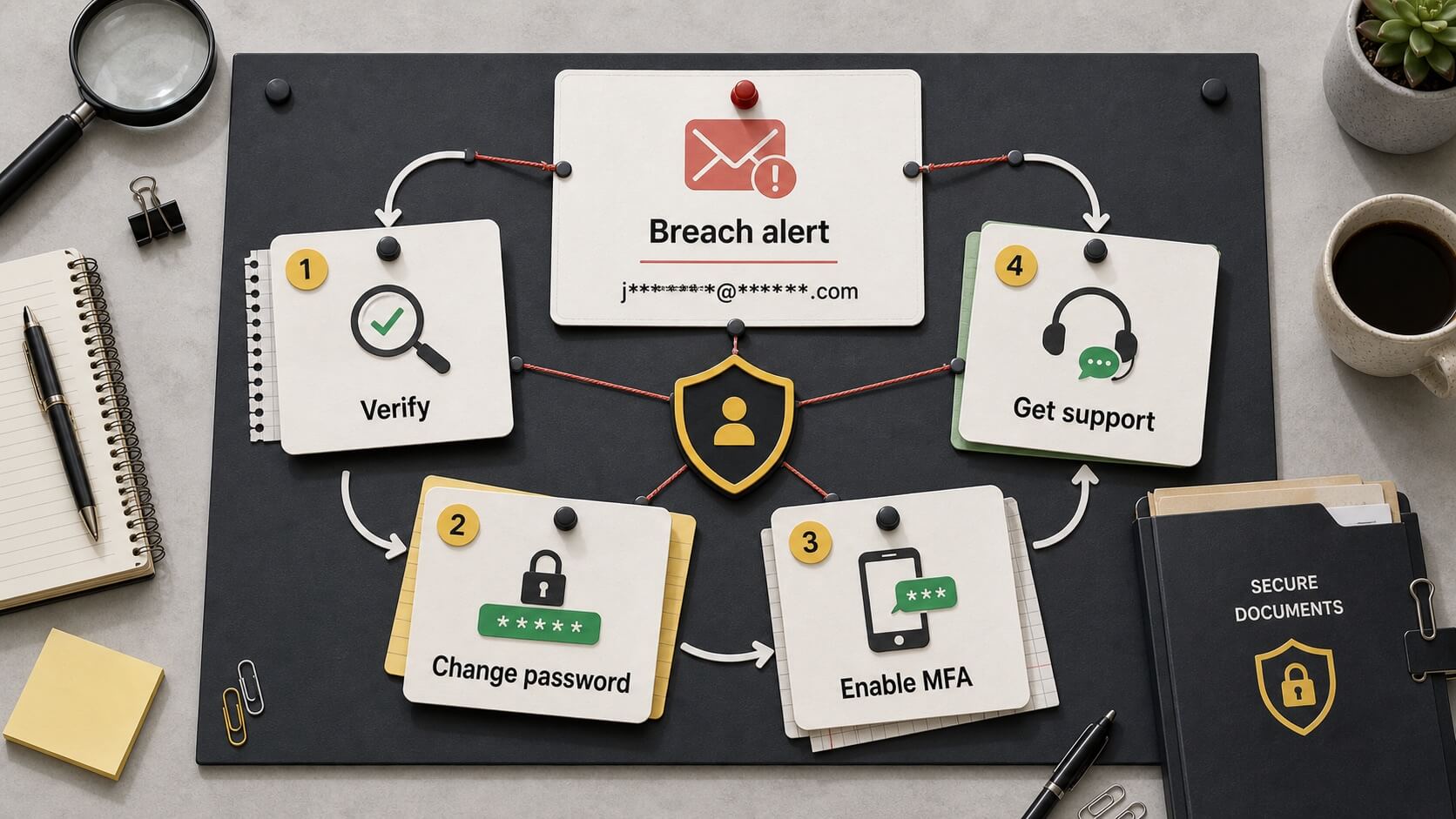 Top-down identity response workflow moving from a breach alert to verification, password change, multi-factor authentication, and support