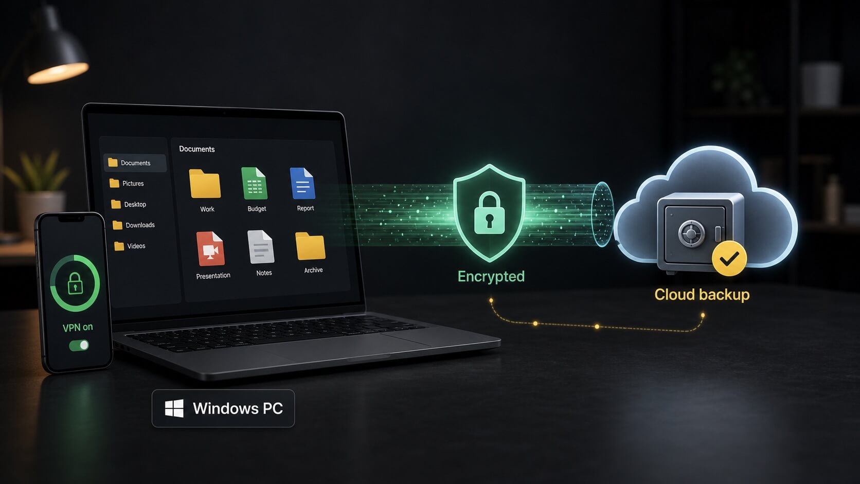 Illustration of devices using an encrypted VPN connection and a Windows computer backing up files to a secure cloud