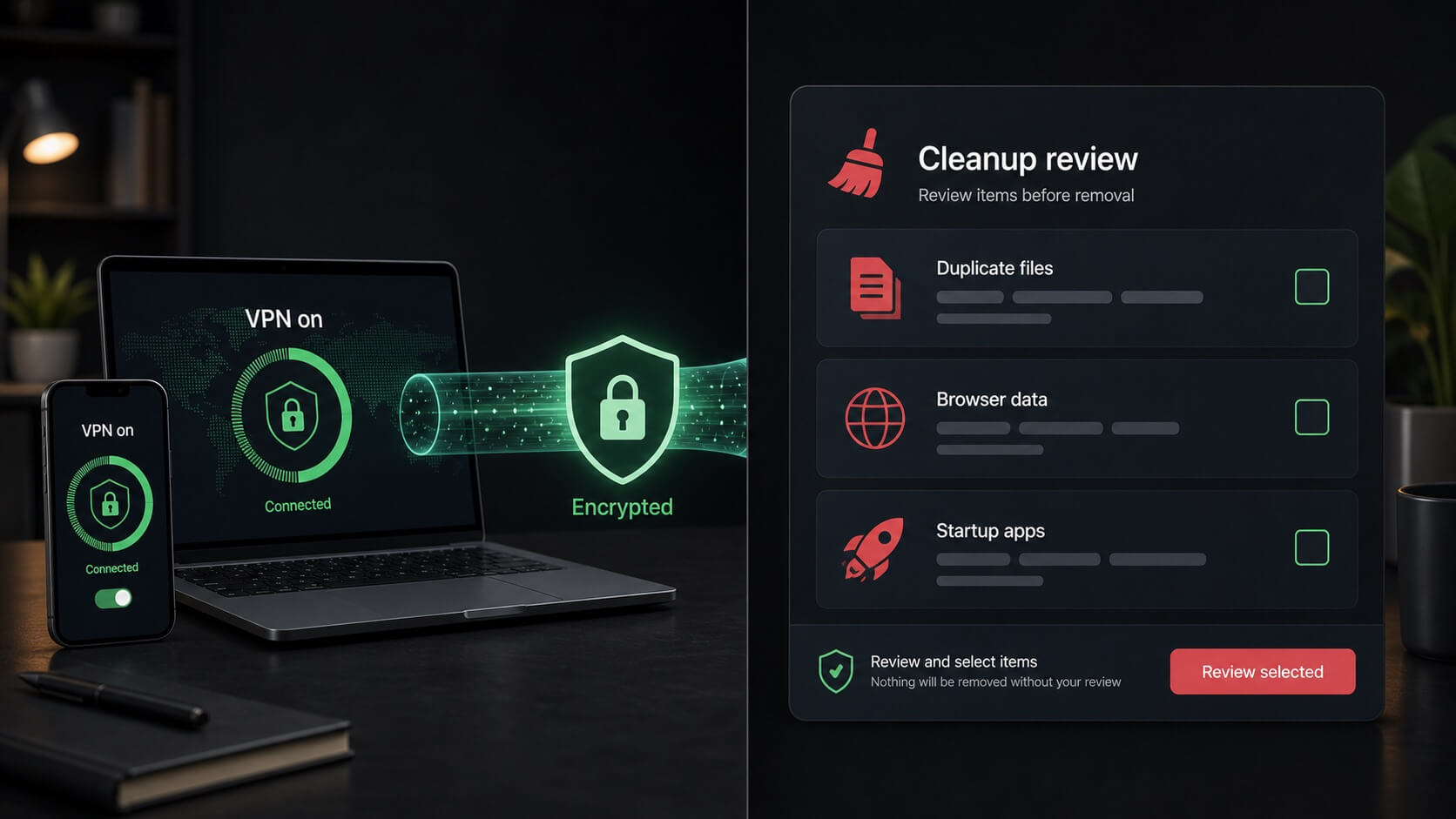 Illustration of a VPN connection beside a cleanup review for duplicate files, browser data, and startup applications