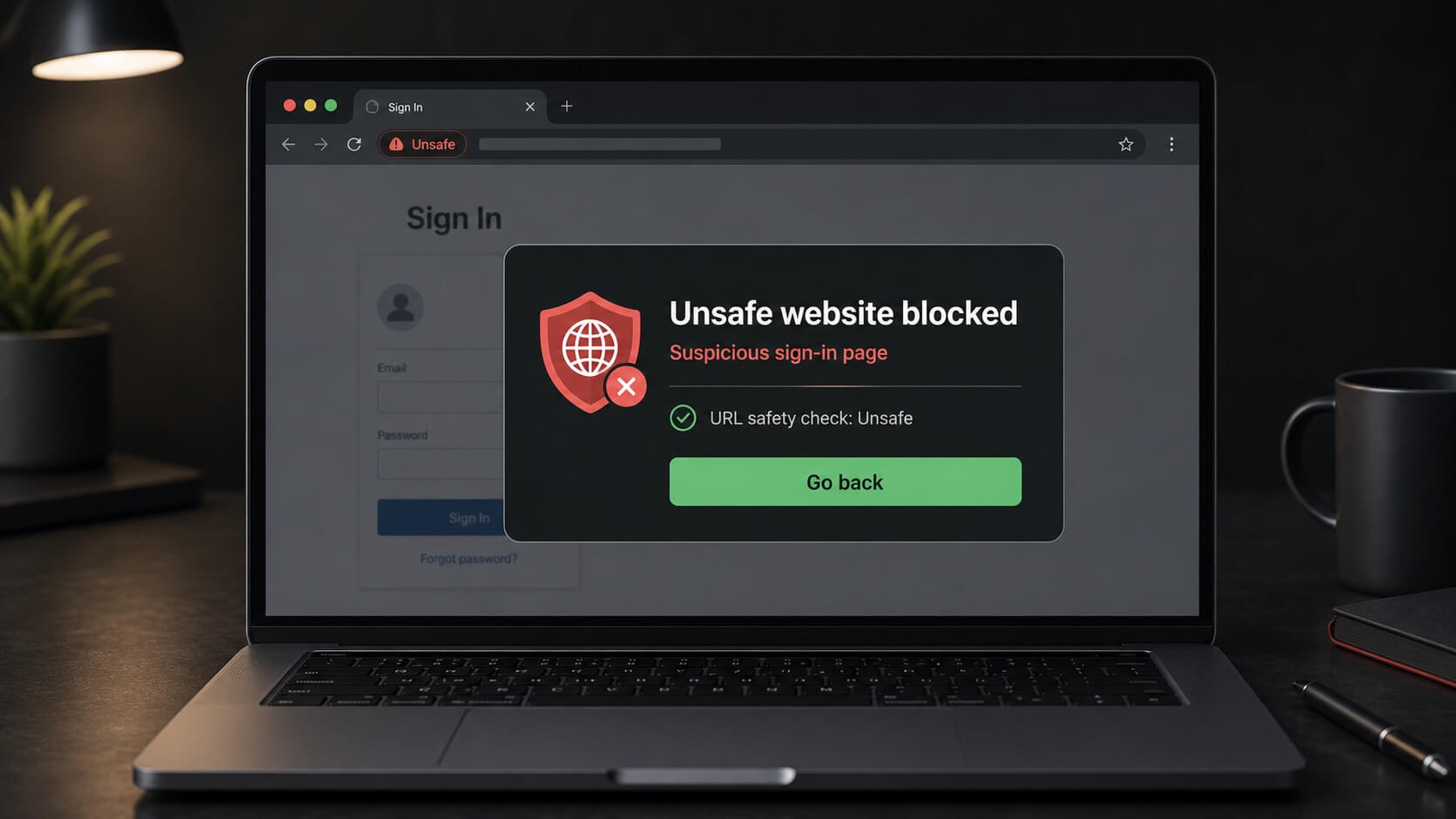 Illustration of WebShield-style protection blocking a suspicious sign-in website